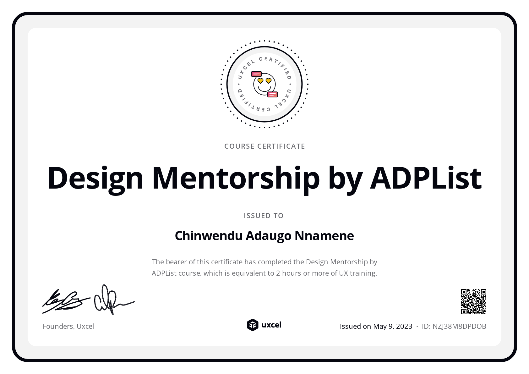 Chinwendu Adaugo Nnamene's certificate